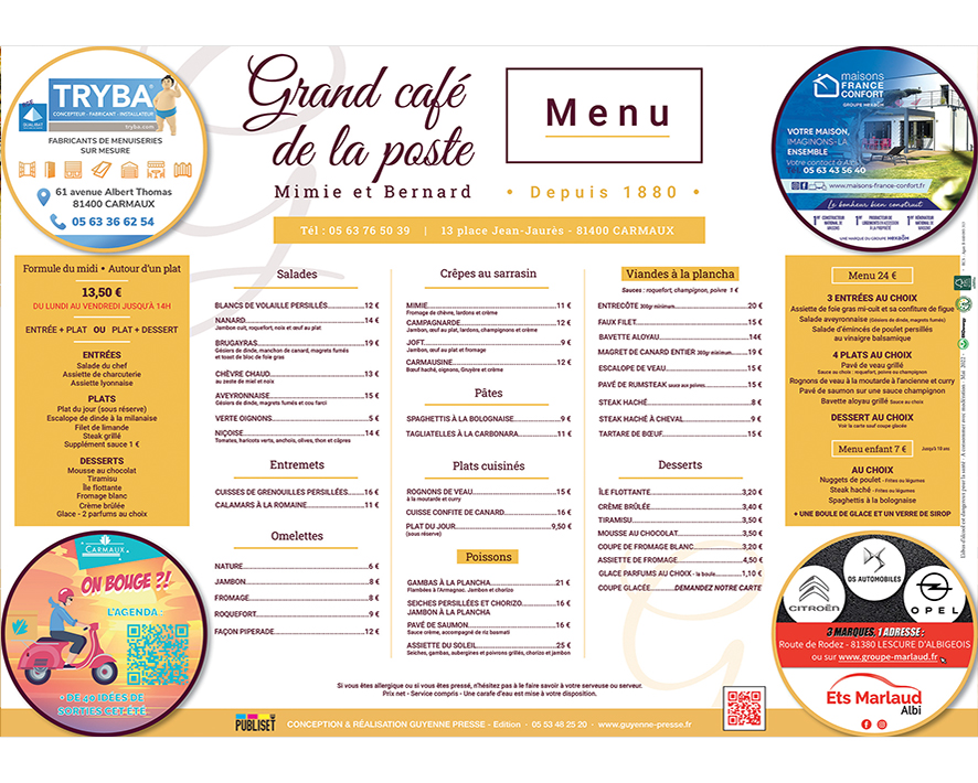 Menu-set Sets de table publicitaires avec menu Guyenne Presse